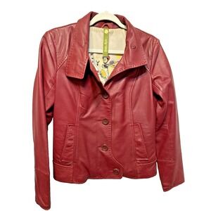 Soia & Kyo Red Leather Jacket Womens Collared Button Front Motorcycle Style